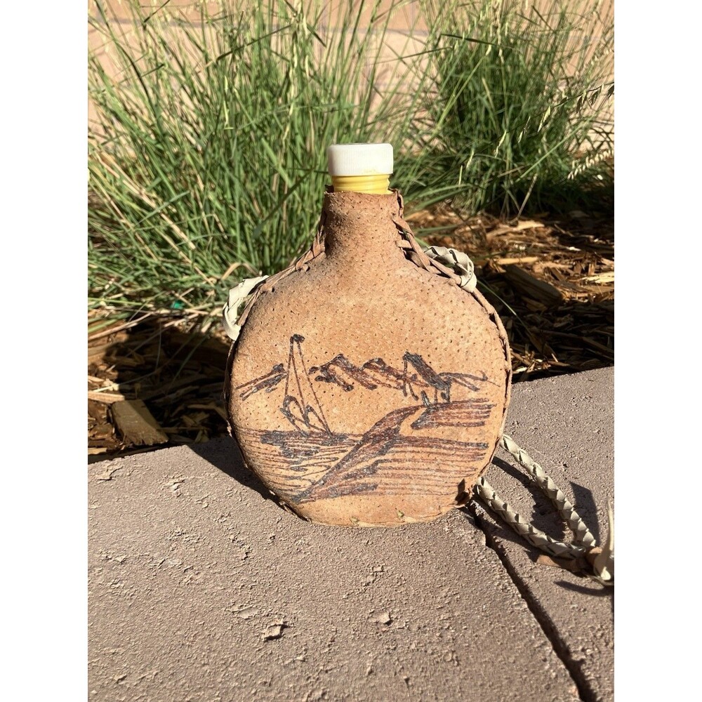 VTG Leather Covered Canteen Flask Spanish Folk Art Hand Decorated 7”